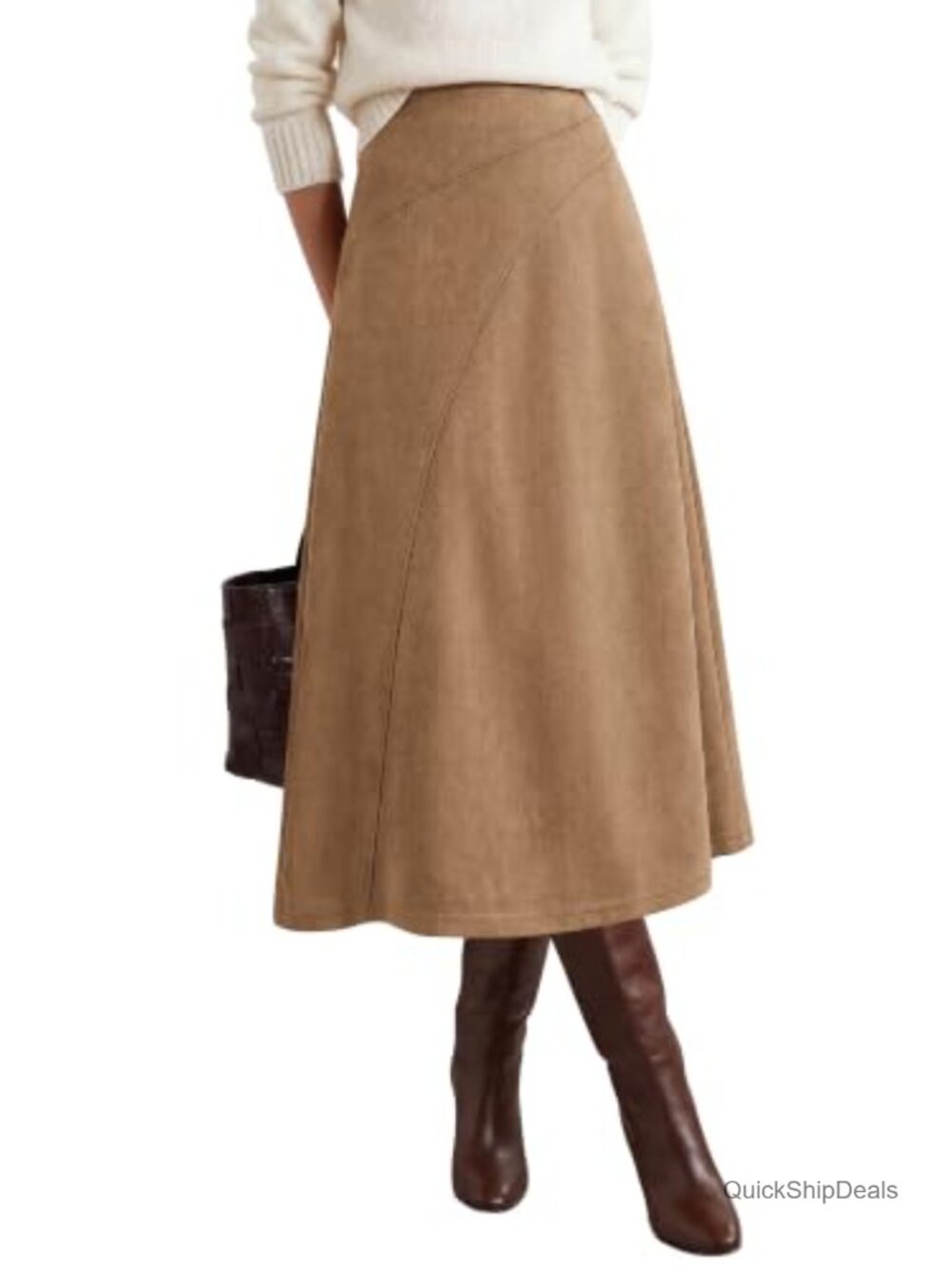 Faux Suede Midi Skirt High Waisted A-Line Fall Winter Boho
